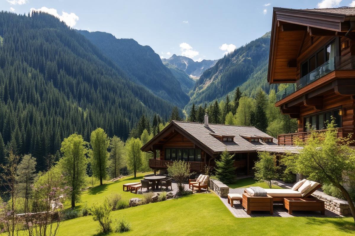 Terrasse estivale avec vue montagne