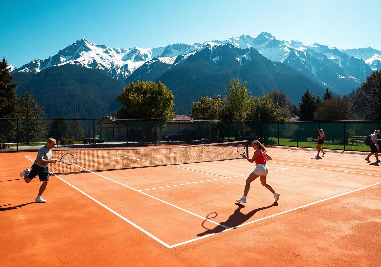 Partie de tennis sur court extérieur face aux sommets alpins