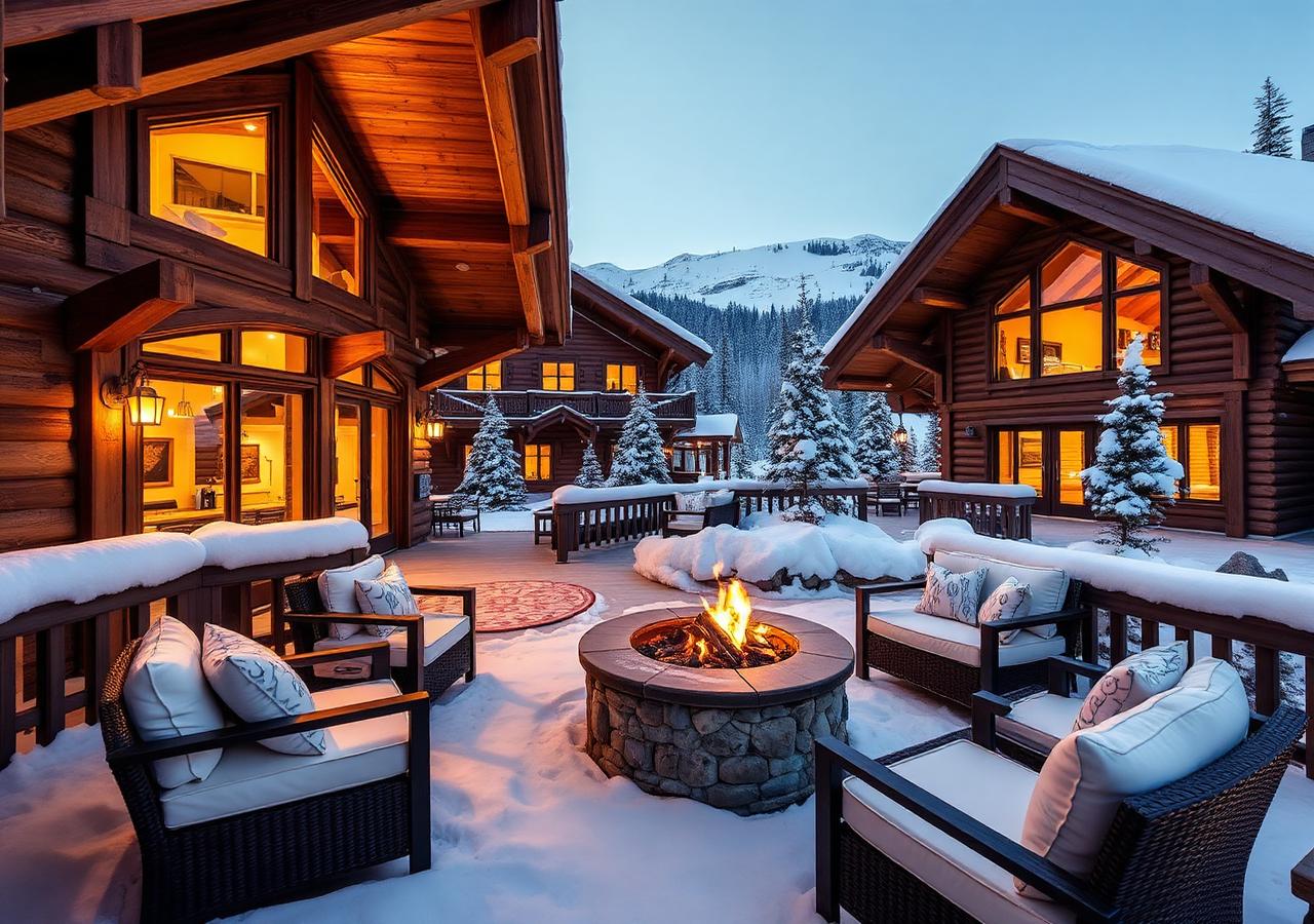 Terrasse enneigée de chalet avec feu extérieur
