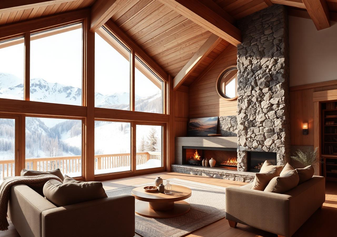 Salon chaleureux de chalet face aux montagnes enneigées